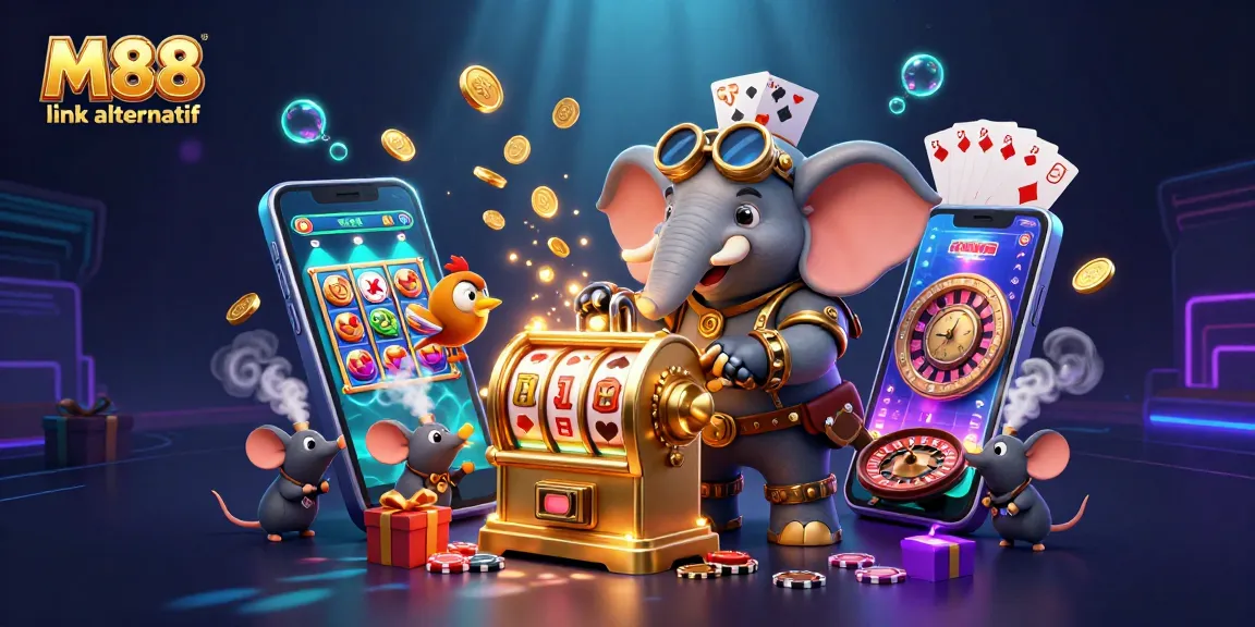 M88 link alternatif offers thrilling gameplay with a mechanical elephant winning at a slot machine amidst vibrant casino elements.