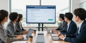 Cyber Essentials cost analysis discussion in a modern office setting with a diverse cybersecurity team.