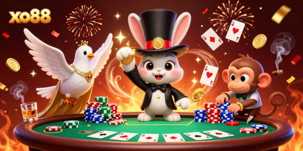 Experience the magic of xo88 with a dynamic 3D illustration of casino characters engaging in high-stakes poker.