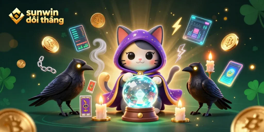 Experience sunwin đổi thưởng with vibrant fortune teller and raven illustration amidst crypto symbols.