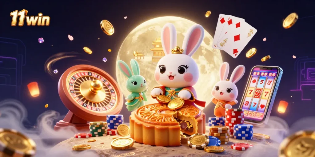 Play exciting games with 11 win featuring a moon rabbit winning poker chips from golden mooncakes.