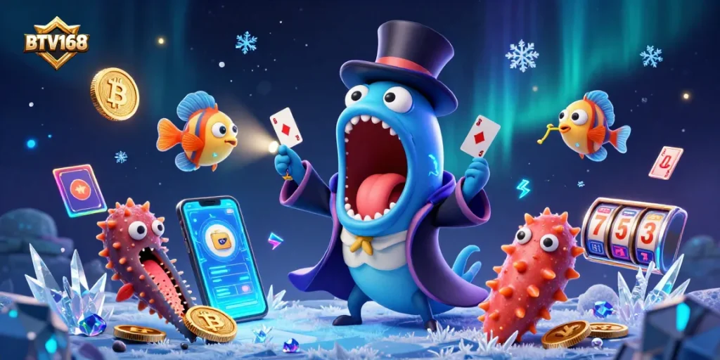 Engage with BTV168 in a captivating casino magic act featuring a bioluminescent eel and glowing coins.