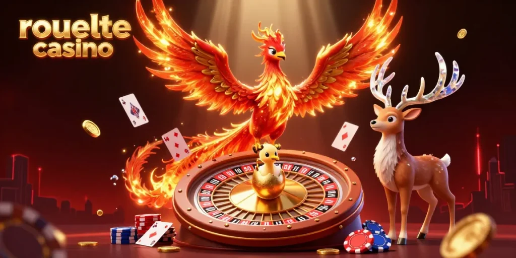 Experience the thrill of roulette casino with dynamic characters, golden coins, and poker elements.