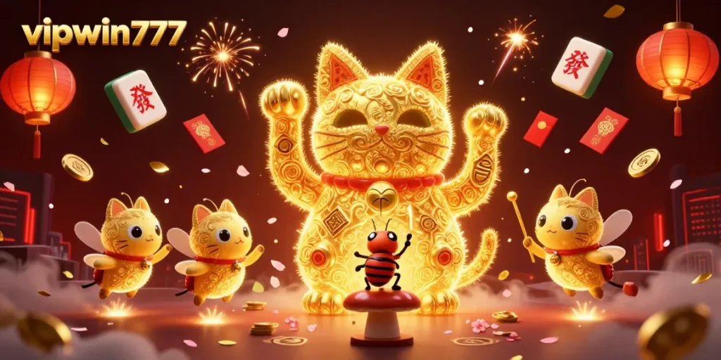 Experience thrilling gameplay at vipwin777 featuring vibrant casino symbols and a giant lucky cat.