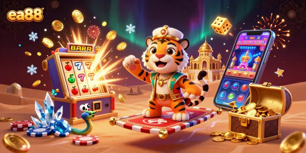 Experience thrilling gaming at ea88 with vibrant casino elements exploding around an enchanting scene.