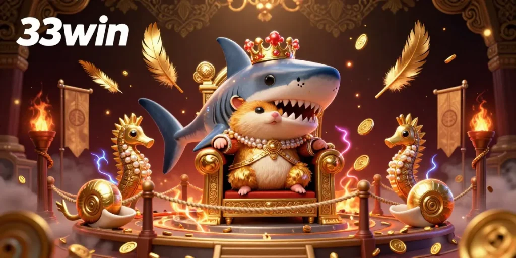 Experience the thrill of 33win with a fierce golden hamster king and vibrant gaming elements in this dynamic scene.