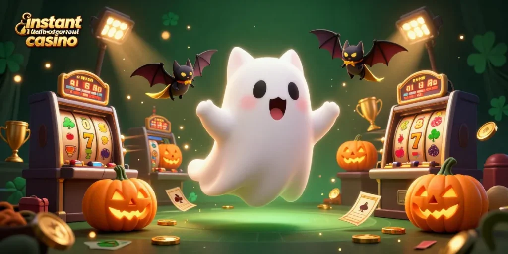 Experience swift payouts at an instant withdrawal casino with a friendly ghost cat and vibrant casino elements.